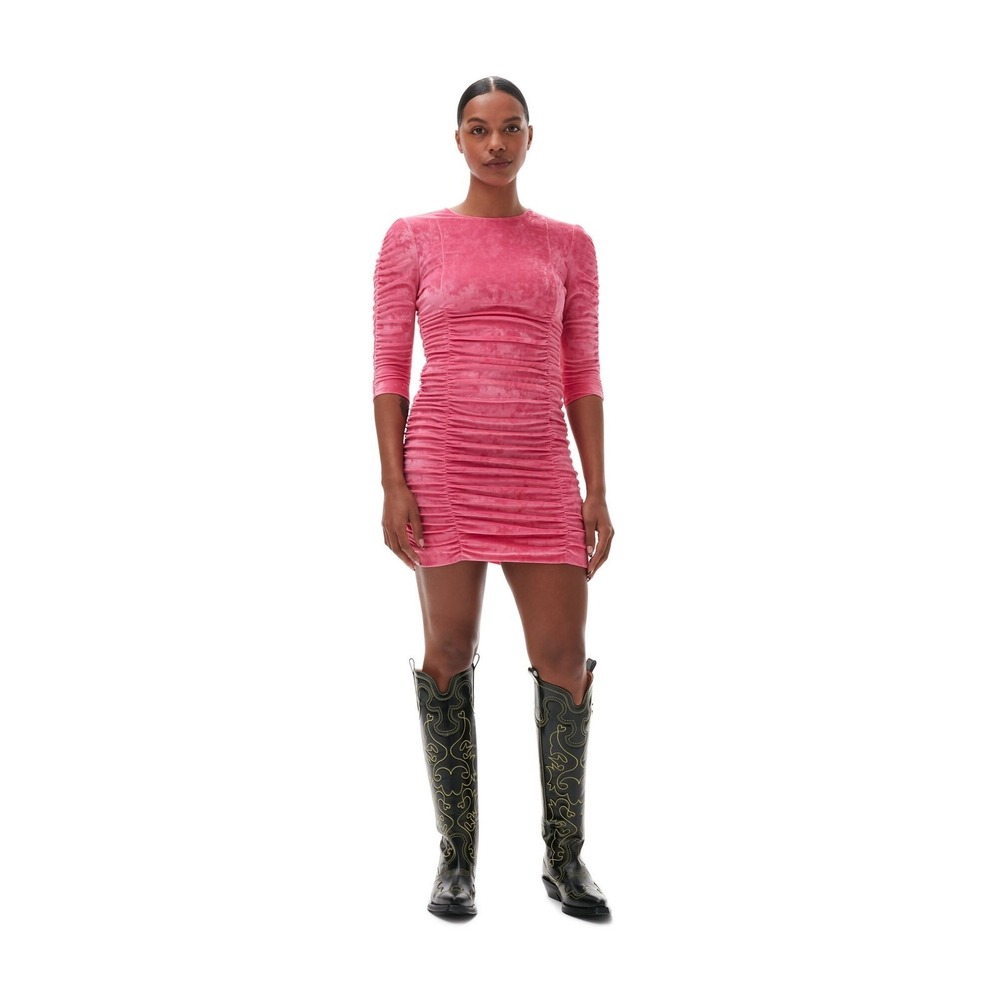 Ganni Pink Velvet 3/4 Sleeve Ruched Mini‎ Dress Size 38/US 6